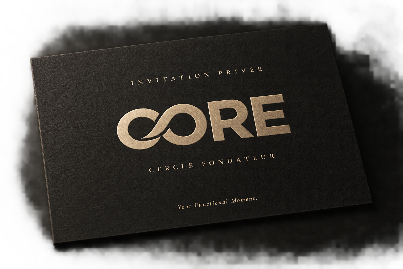 Invitation privée CORE — Cercle Fondateur, logo champagne embossé sur papier noir