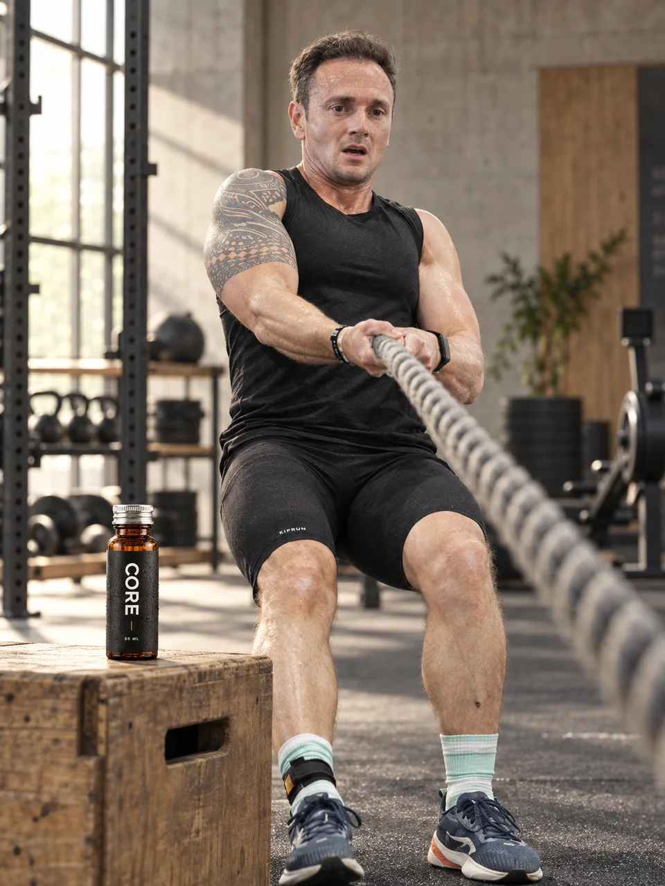 Un homme tire une corde dans une salle de sport, une bouteille CORE sur un support à proximité.